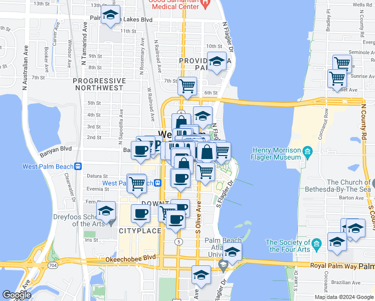 map of restaurants, bars, coffee shops, grocery stores, and more near in West Palm Beach
