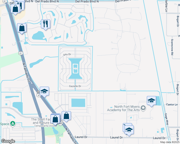 map of restaurants, bars, coffee shops, grocery stores, and more near 35 Eland Drive in North Fort Myers
