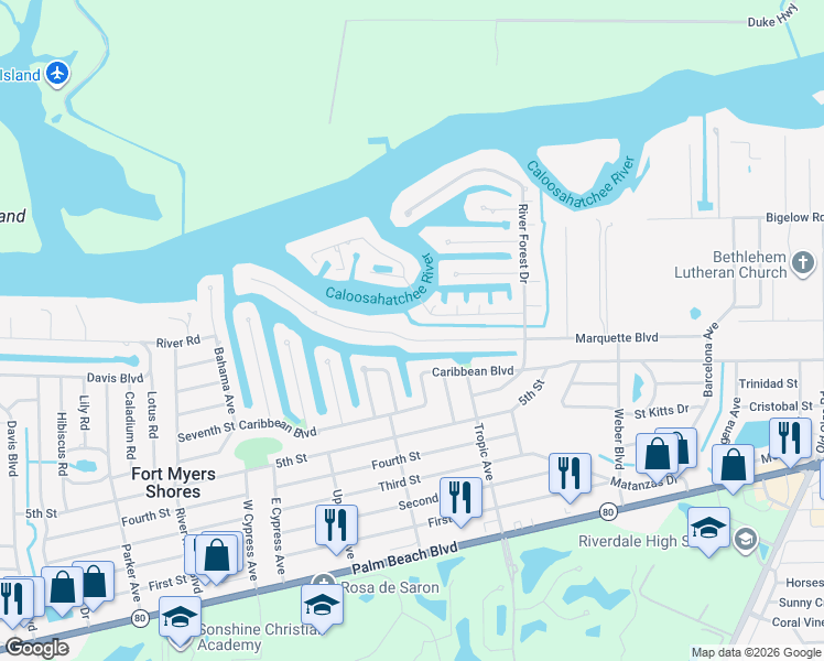 map of restaurants, bars, coffee shops, grocery stores, and more near 13503 Island Road in Fort Myers