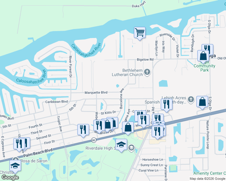map of restaurants, bars, coffee shops, grocery stores, and more near 14066 Marquette Boulevard in Fort Myers