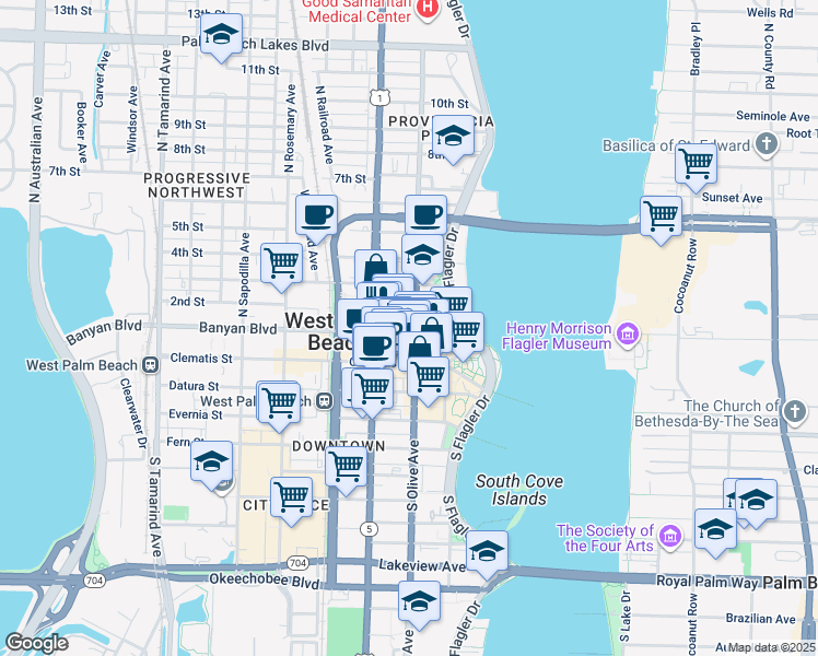 map of restaurants, bars, coffee shops, grocery stores, and more near 215 North Olive Avenue in West Palm Beach
