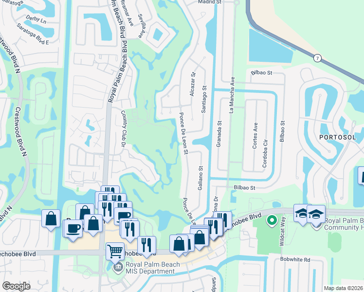 map of restaurants, bars, coffee shops, grocery stores, and more near 149 Ponce De Leon Street in Royal Palm Beach