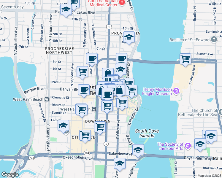 map of restaurants, bars, coffee shops, grocery stores, and more near in West Palm Beach