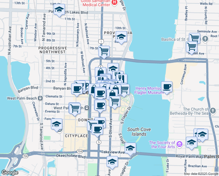 map of restaurants, bars, coffee shops, grocery stores, and more near 215 North Olive Avenue in West Palm Beach