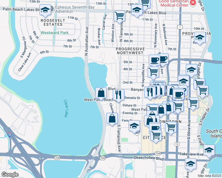 map of restaurants, bars, coffee shops, grocery stores, and more near 1036 1st Street in West Palm Beach