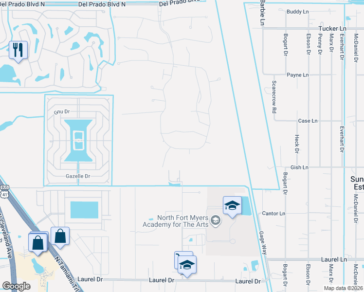 map of restaurants, bars, coffee shops, grocery stores, and more near 2975 Garden Street in North Fort Myers