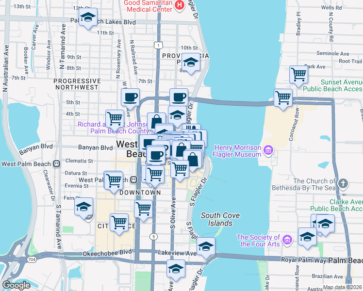 map of restaurants, bars, coffee shops, grocery stores, and more near 290 North Olive Avenue in West Palm Beach