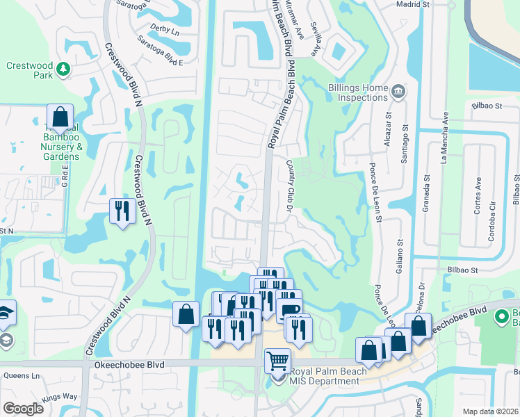 map of restaurants, bars, coffee shops, grocery stores, and more near 47 Essex Court in Royal Palm Beach