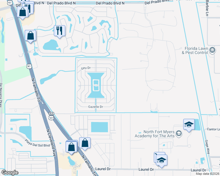 map of restaurants, bars, coffee shops, grocery stores, and more near 35 Eland Drive in North Fort Myers