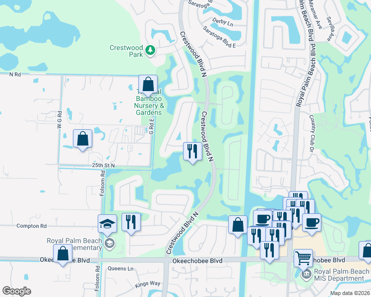map of restaurants, bars, coffee shops, grocery stores, and more near 2277 Ridgewood Circle in Royal Palm Beach