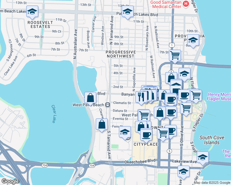 map of restaurants, bars, coffee shops, grocery stores, and more near 906 2nd Street in West Palm Beach