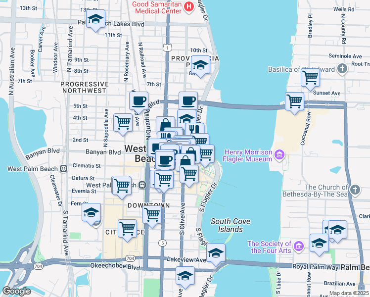 map of restaurants, bars, coffee shops, grocery stores, and more near 290 North Olive Avenue in West Palm Beach