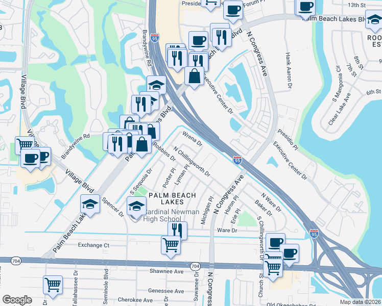 map of restaurants, bars, coffee shops, grocery stores, and more near 206 Laken Drive in West Palm Beach