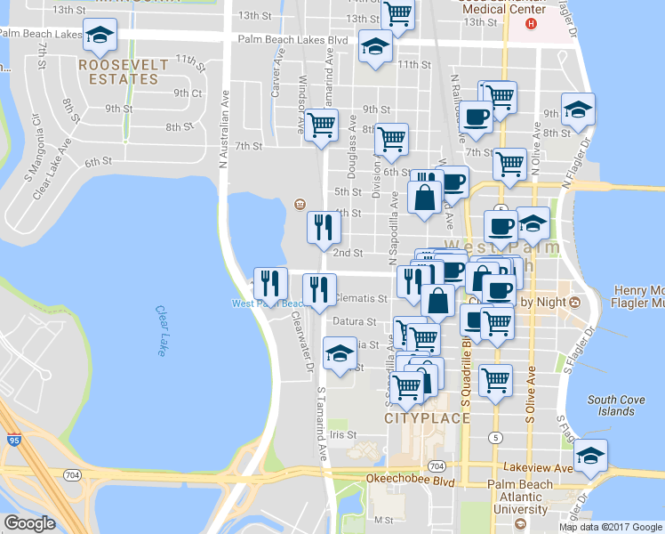 map of restaurants, bars, coffee shops, grocery stores, and more near 991 Banyan Boulevard in West Palm Beach