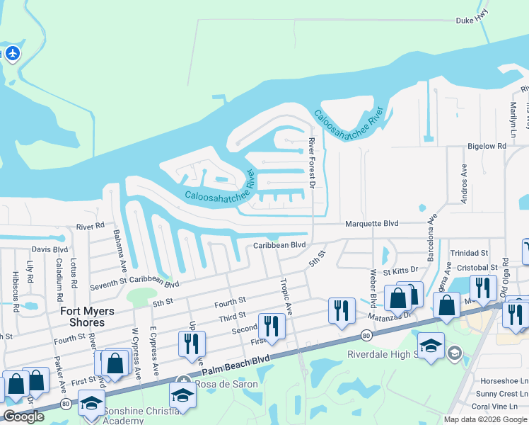 map of restaurants, bars, coffee shops, grocery stores, and more near 13511 Island Road in Fort Myers