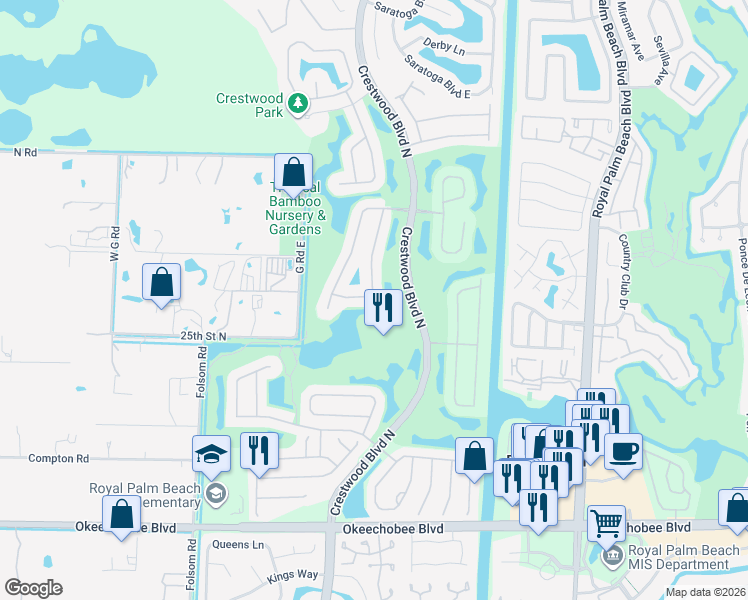 map of restaurants, bars, coffee shops, grocery stores, and more near 2277 Ridgewood Circle in Royal Palm Beach