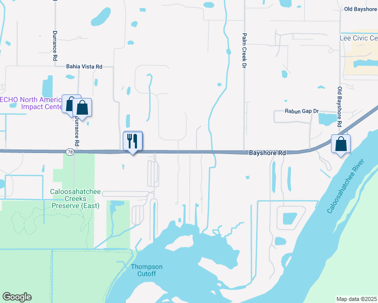 map of restaurants, bars, coffee shops, grocery stores, and more near 10539 Bayshore Road in North Fort Myers