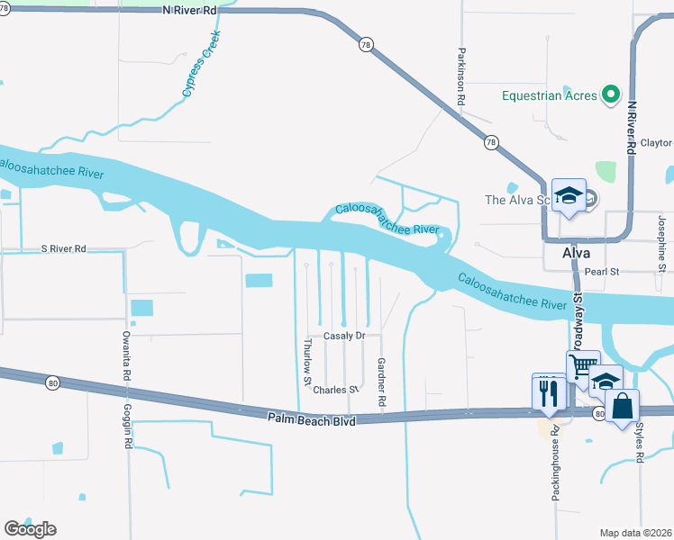 map of restaurants, bars, coffee shops, grocery stores, and more near 2130 Sebastian Court in Alva