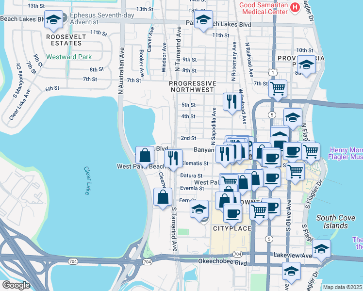 map of restaurants, bars, coffee shops, grocery stores, and more near 906 2nd Street in West Palm Beach