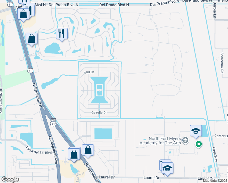 map of restaurants, bars, coffee shops, grocery stores, and more near 35 Eland Drive in North Fort Myers