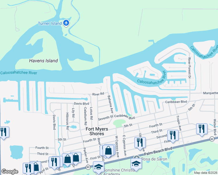map of restaurants, bars, coffee shops, grocery stores, and more near 1998 Bahama Avenue in Fort Myers