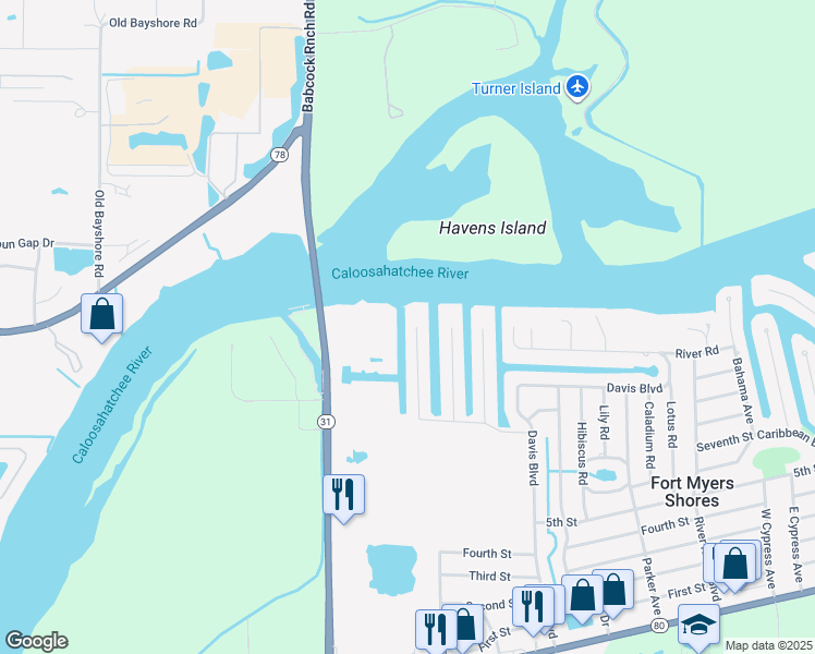 map of restaurants, bars, coffee shops, grocery stores, and more near 2199 Santiago Avenue in Fort Myers