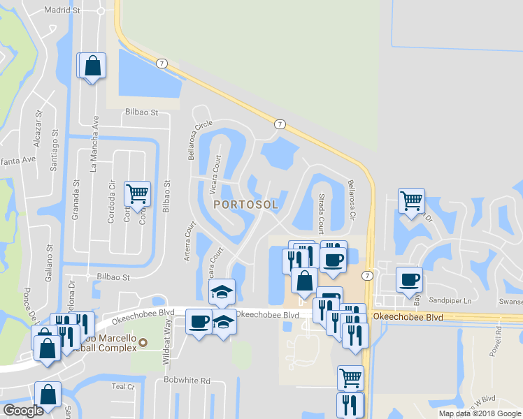 map of restaurants, bars, coffee shops, grocery stores, and more near 2451 Bellarosa Circle in West Palm Beach