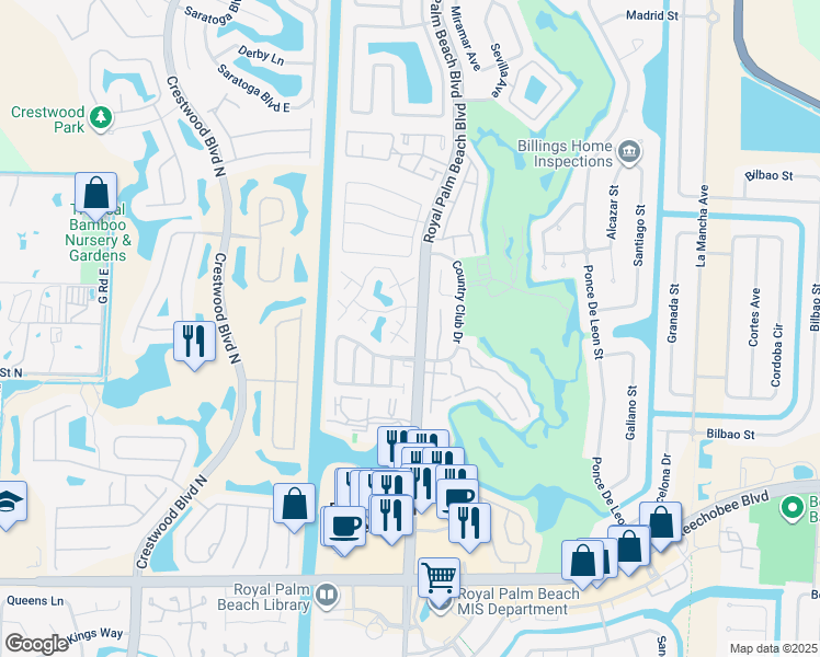 map of restaurants, bars, coffee shops, grocery stores, and more near 49 Essex Court in Royal Palm Beach