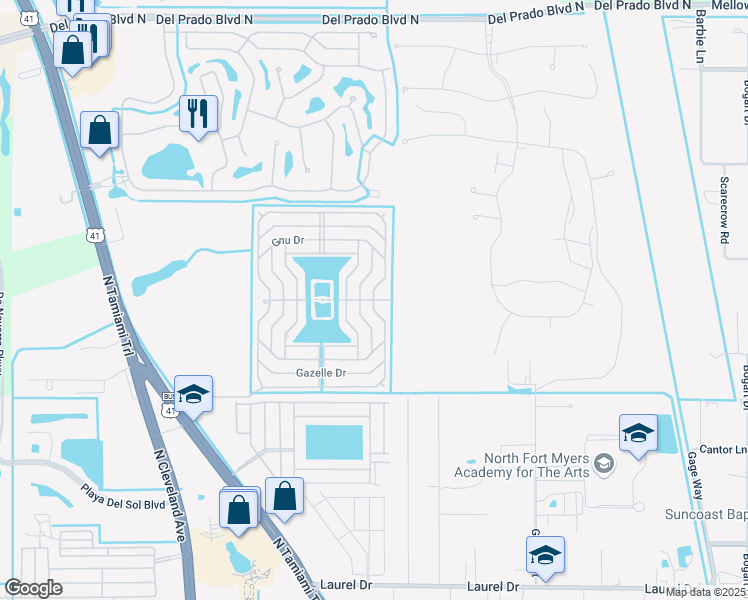 map of restaurants, bars, coffee shops, grocery stores, and more near 499 Eland Drive in North Fort Myers