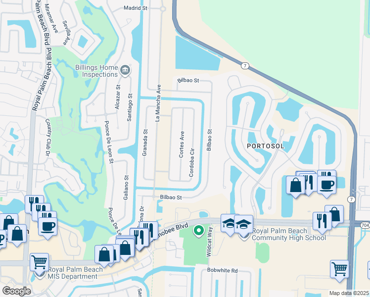 map of restaurants, bars, coffee shops, grocery stores, and more near 120 Cortes Avenue in Royal Palm Beach