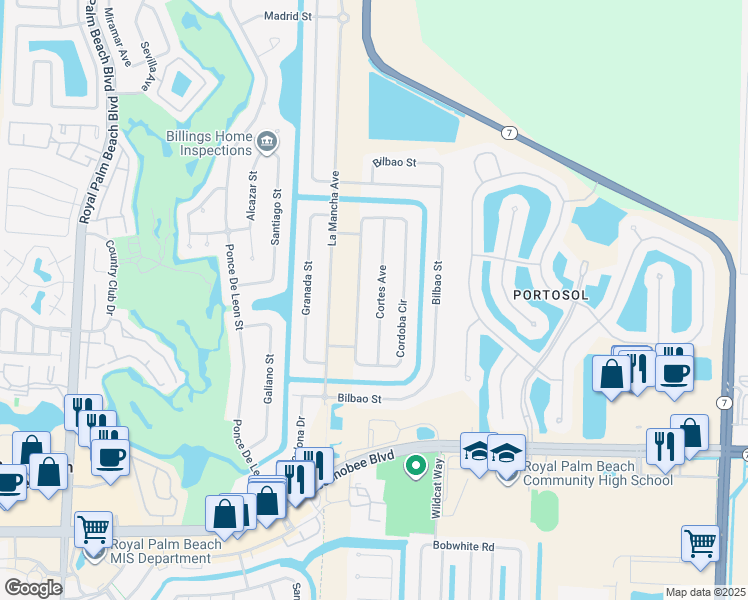 map of restaurants, bars, coffee shops, grocery stores, and more near 120 Cortes Avenue in Royal Palm Beach