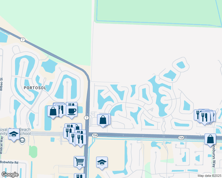 map of restaurants, bars, coffee shops, grocery stores, and more near 9851 Galleon Drive in Royal Palm Beach