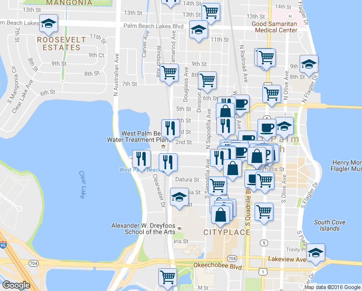 map of restaurants, bars, coffee shops, grocery stores, and more near 906 2nd Street in West Palm Beach
