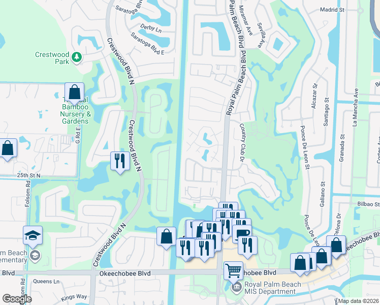 map of restaurants, bars, coffee shops, grocery stores, and more near 31 Clinton Court in Royal Palm Beach