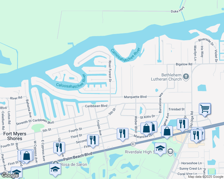 map of restaurants, bars, coffee shops, grocery stores, and more near 13714 River Forest Drive in Fort Myers