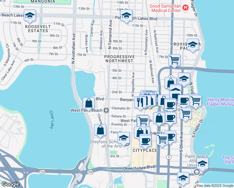 map of restaurants, bars, coffee shops, grocery stores, and more near 906 2nd Street in West Palm Beach