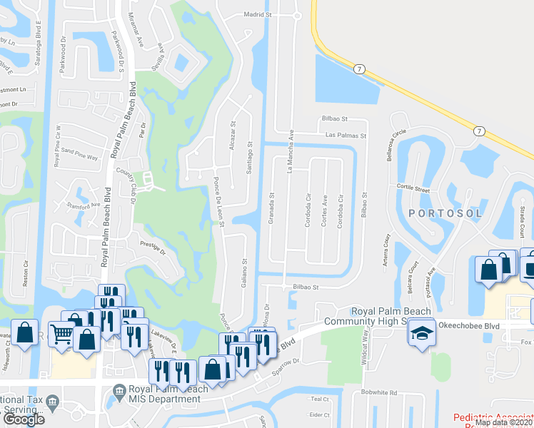 map of restaurants, bars, coffee shops, grocery stores, and more near 128 Granada Street in Royal Palm Beach