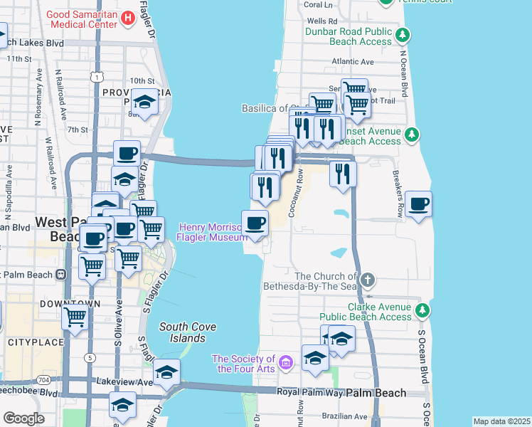 map of restaurants, bars, coffee shops, grocery stores, and more near 44 Cocoanut Row in Palm Beach