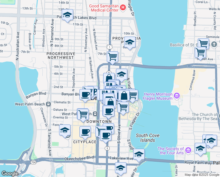 map of restaurants, bars, coffee shops, grocery stores, and more near in West Palm Beach