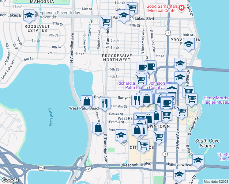 map of restaurants, bars, coffee shops, grocery stores, and more near 906 2nd Street in West Palm Beach