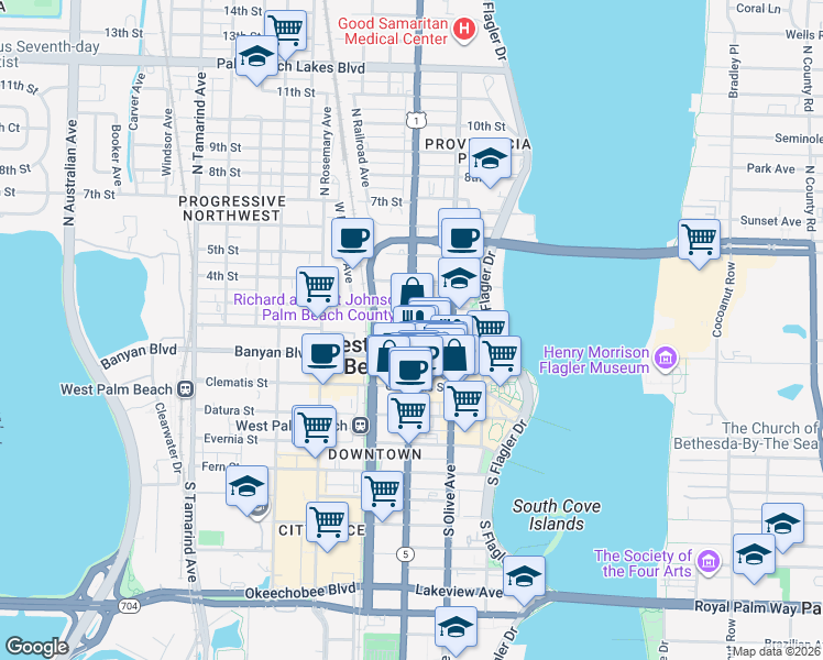 map of restaurants, bars, coffee shops, grocery stores, and more near 301 North Dixie Highway in West Palm Beach