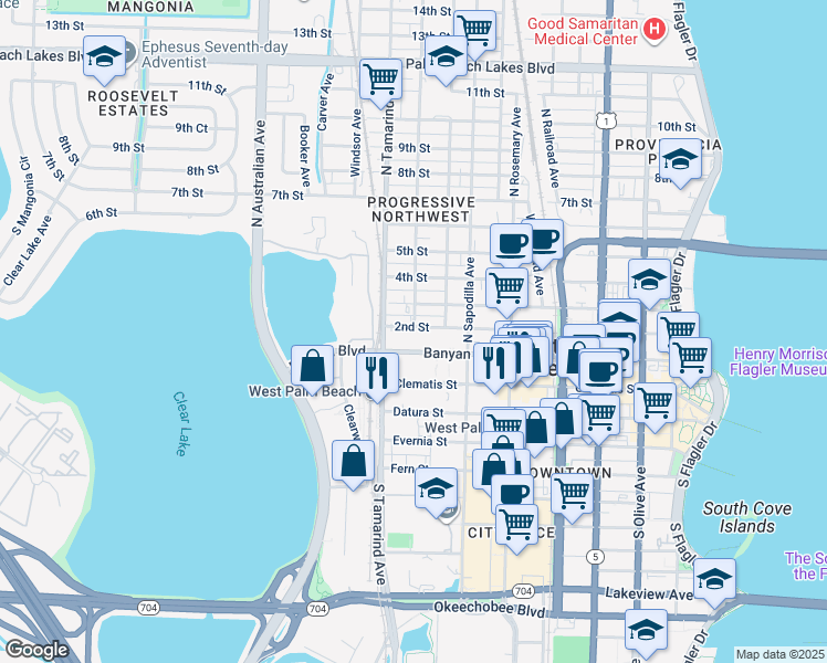 map of restaurants, bars, coffee shops, grocery stores, and more near 906 2nd Street in West Palm Beach