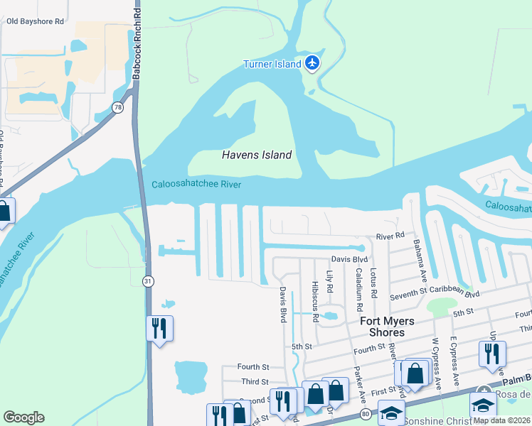 map of restaurants, bars, coffee shops, grocery stores, and more near 2200 River Road in Fort Myers