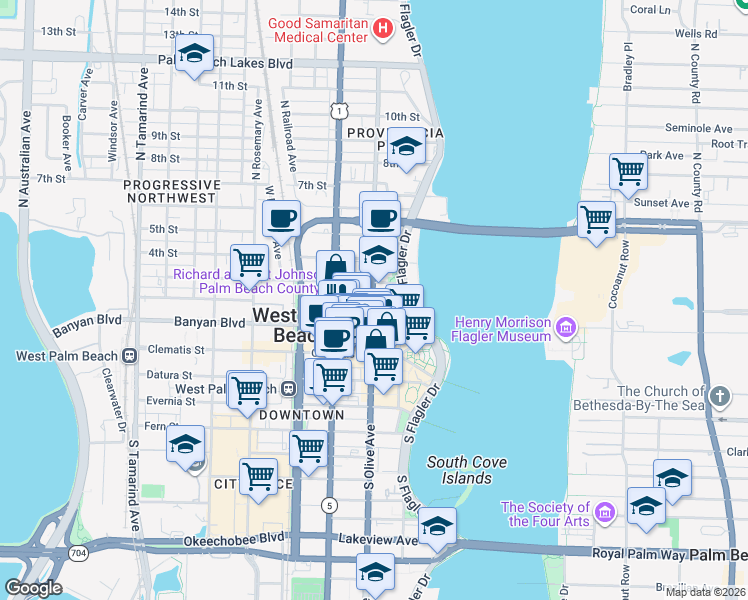 map of restaurants, bars, coffee shops, grocery stores, and more near 215 North Olive Avenue in West Palm Beach