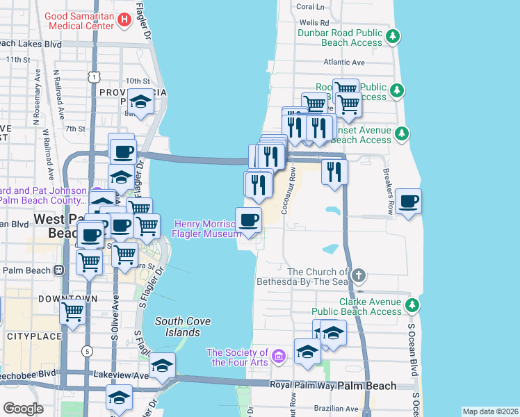 map of restaurants, bars, coffee shops, grocery stores, and more near 44 Cocoanut Row in Palm Beach