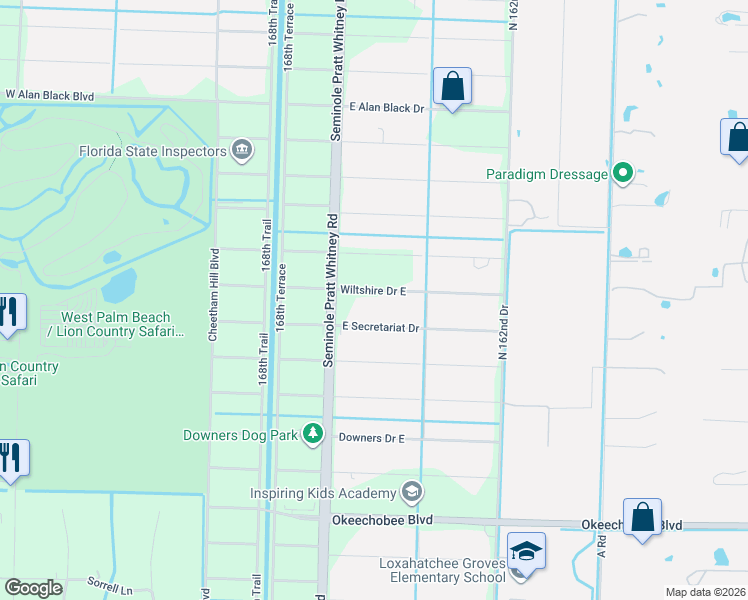 map of restaurants, bars, coffee shops, grocery stores, and more near 16330 Wiltshire Drive East in Loxahatchee