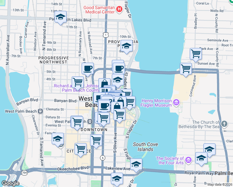 map of restaurants, bars, coffee shops, grocery stores, and more near 215 North Olive Avenue in West Palm Beach