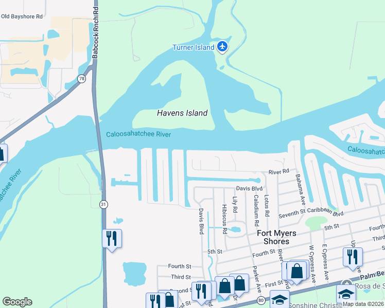 map of restaurants, bars, coffee shops, grocery stores, and more near 2200 River Road in Fort Myers