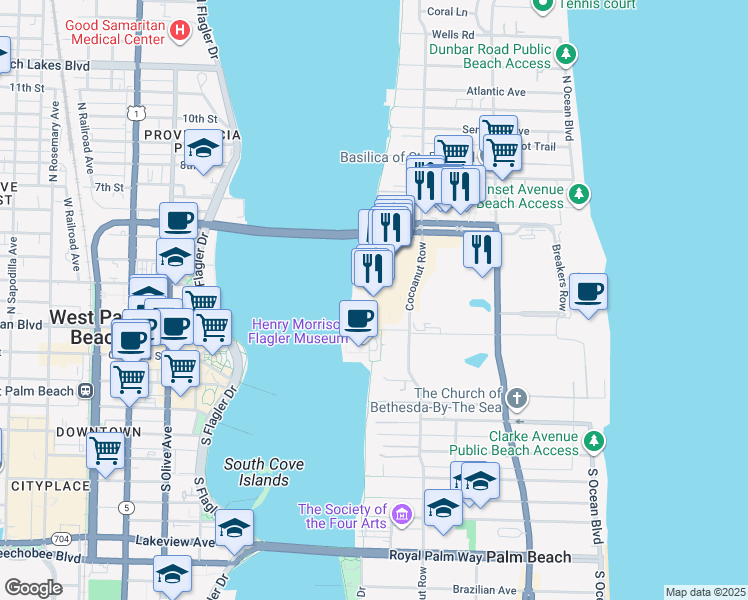 map of restaurants, bars, coffee shops, grocery stores, and more near 44 Cocoanut Row in Palm Beach