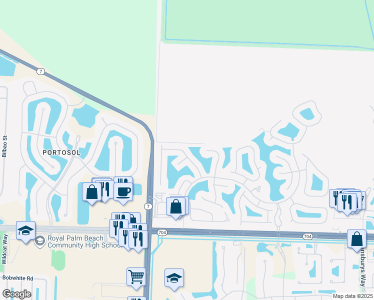 map of restaurants, bars, coffee shops, grocery stores, and more near 9851 Galleon Drive in Royal Palm Beach